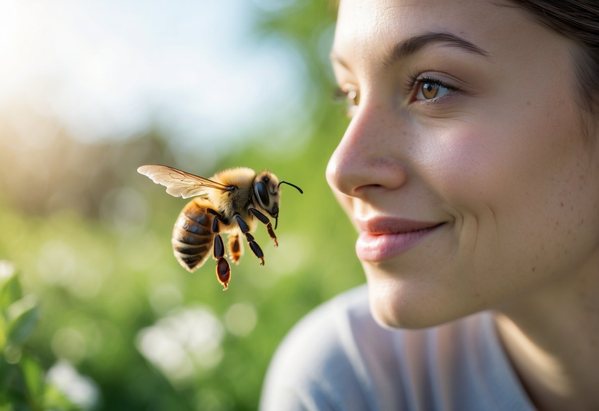 A person outdoors with a bee hovering near their face in a garden setting.