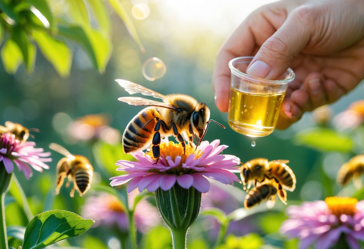 A honeybee collecting nectar from a flower with a beekeeper's hand offering sugar water nearby in a garden.