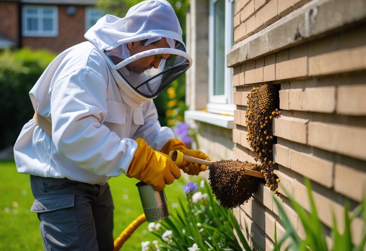 A person in protective gear removing a bees' nest from a house wall in a UK garden.