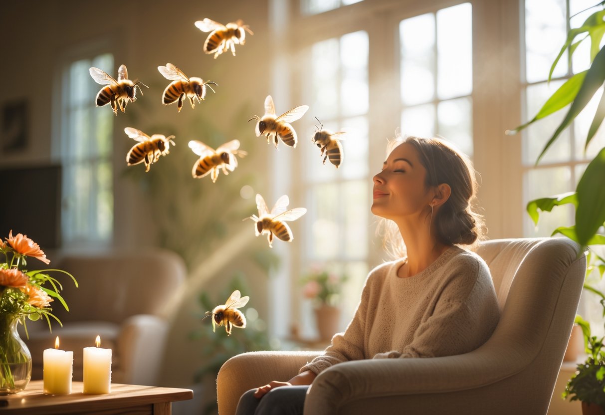 A person sitting peacefully in a sunlit living room with bees flying gently around them.