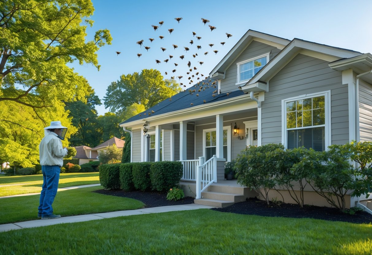 A person in protective clothing watches a swarm of bees flying around the front of a suburban house.
