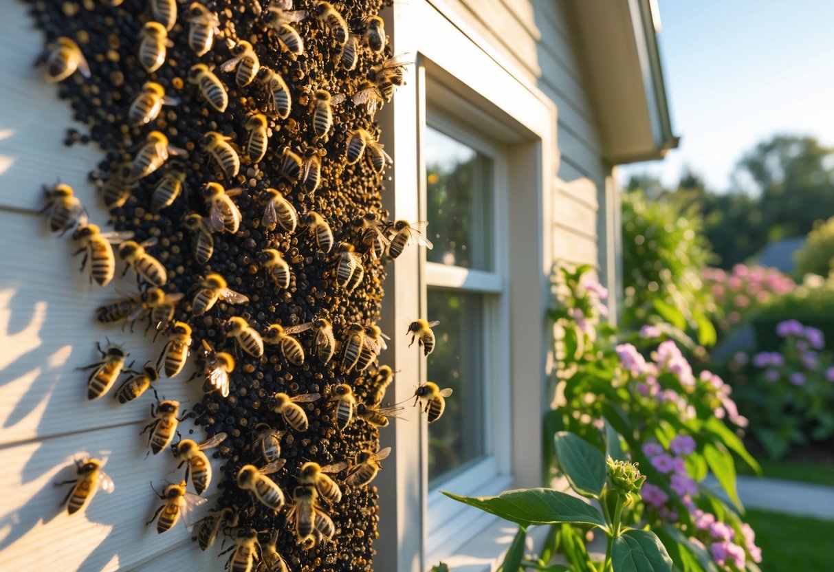 A swarm of honeybees clustered on the exterior wall and window frame of a house with surrounding plants and flowers.