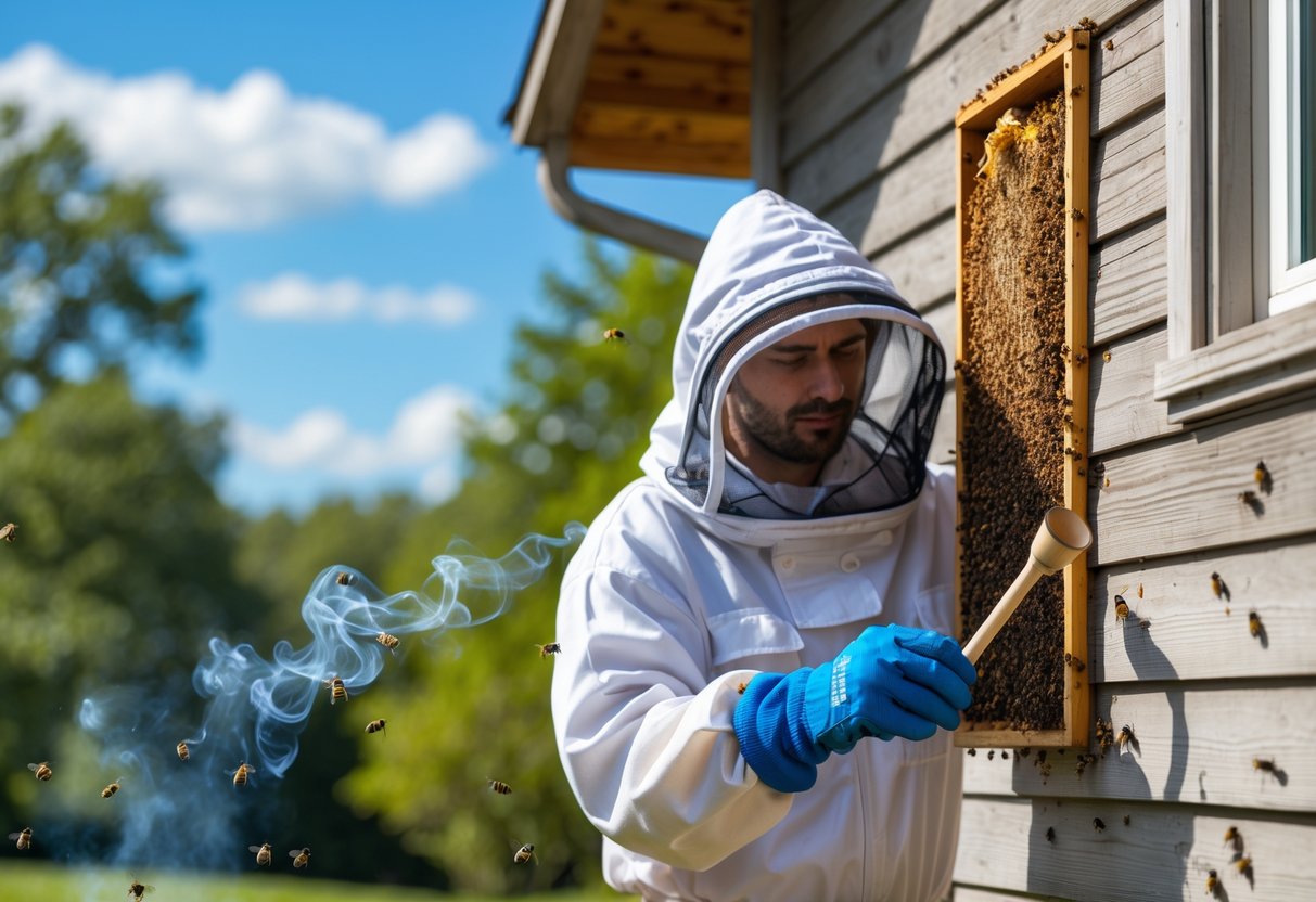 A person in protective gear removing a beehive from the side of a wooden house while using a smoker to calm bees flying nearby.