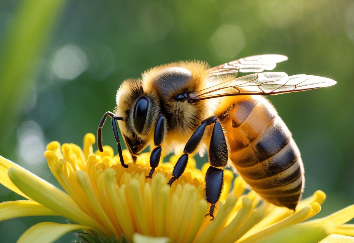 Close-up of a honeybee resting on a yellow flower petal with wings drooped and legs tucked in.