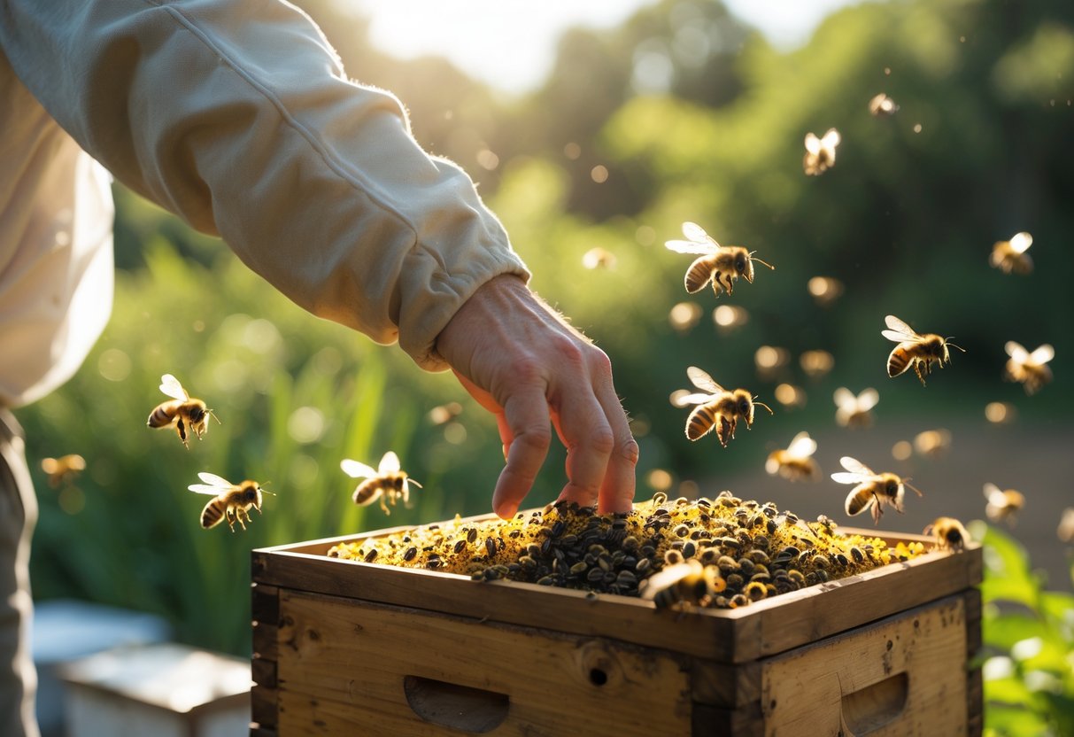 A person’s unprotected hand reaching toward a beehive with bees flying around in a natural outdoor setting.