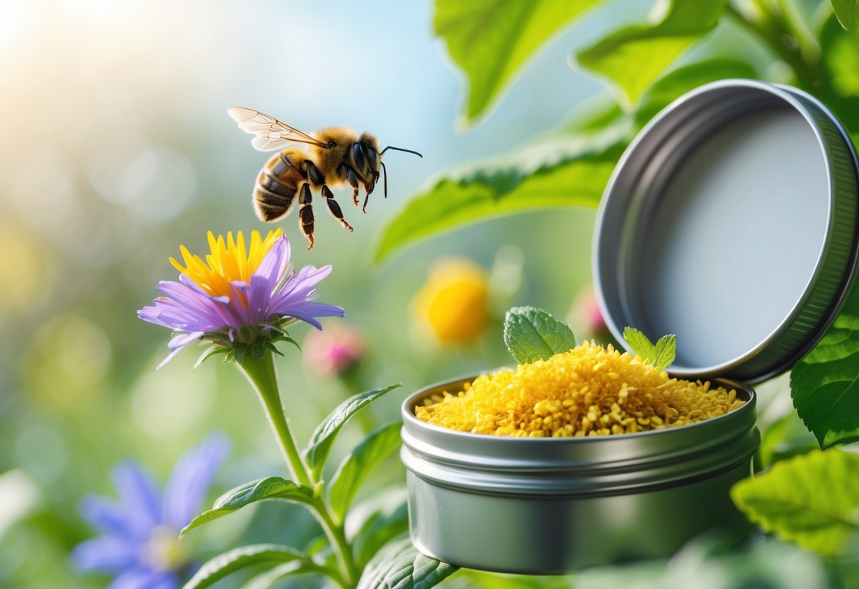 A bee flying near a flower while avoiding a small container of natural repellent outdoors.