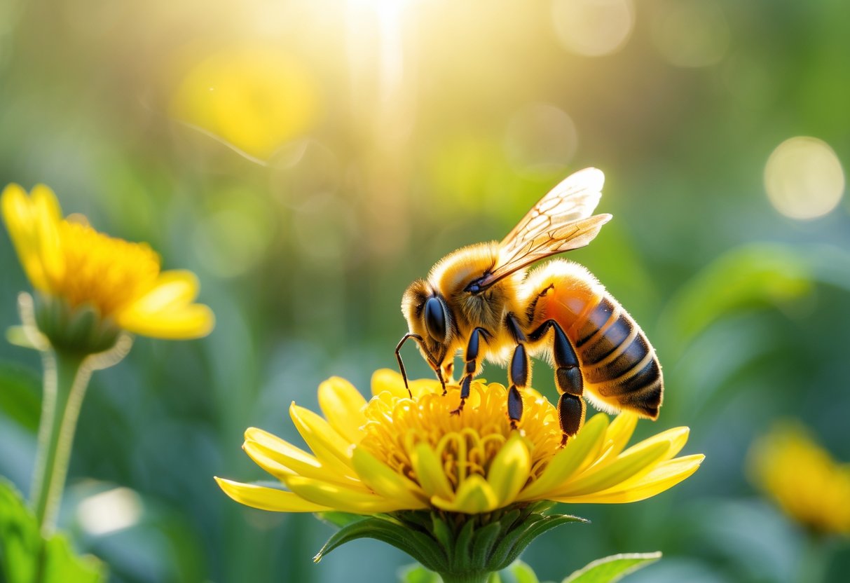 A close-up of a honeybee sitting on a yellow flower with green foliage in the background.