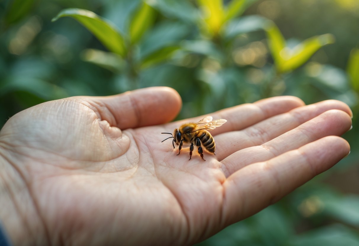 A person calmly looking at a bee resting on their hand outdoors.