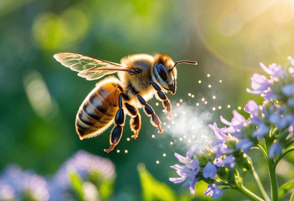 A close-up of a honeybee flying near flowers with a soft mist around it in a green outdoor setting.