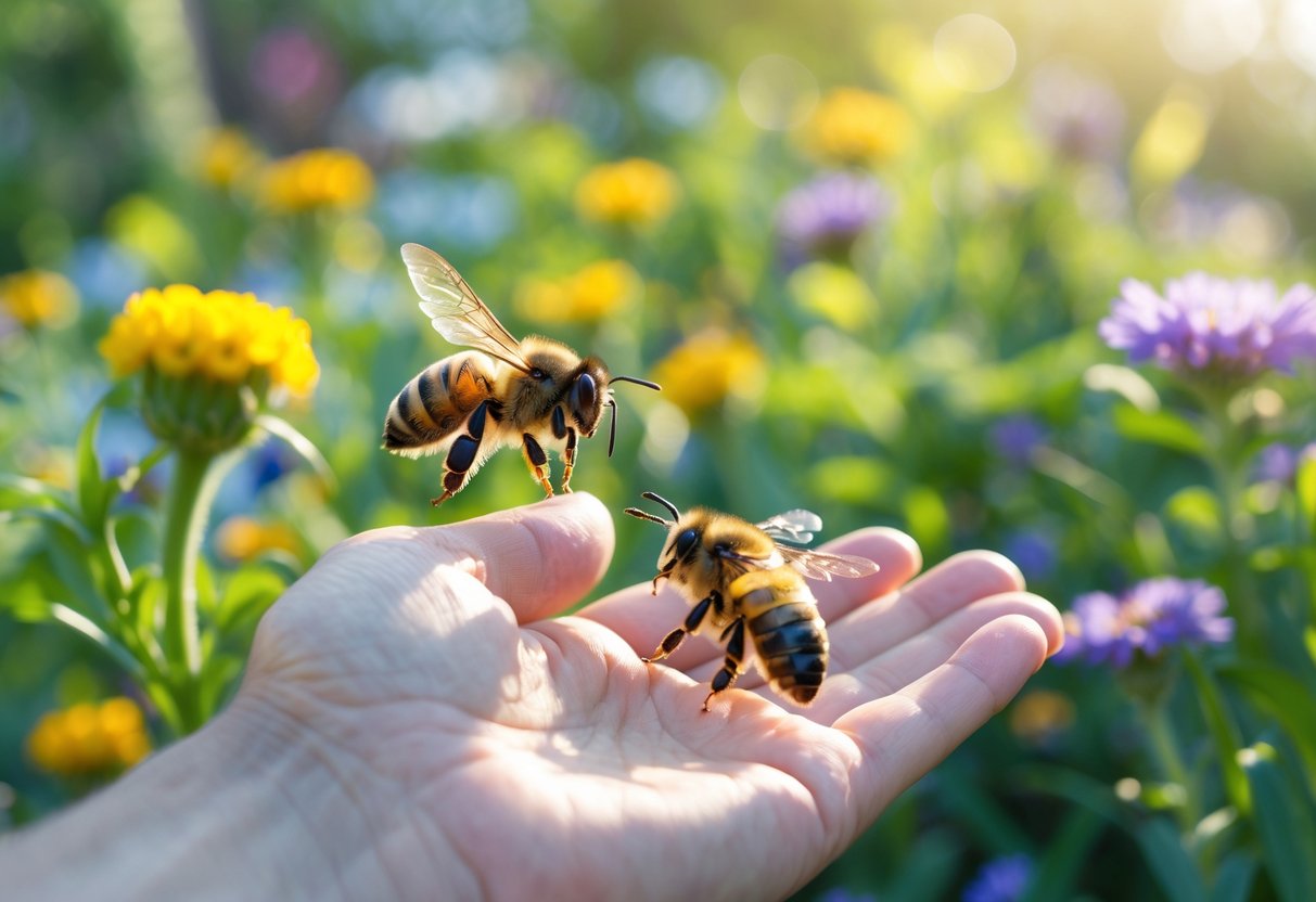 A close-up of different types of bees around colorful flowers, with one bee landing gently on a person's hand in a garden.