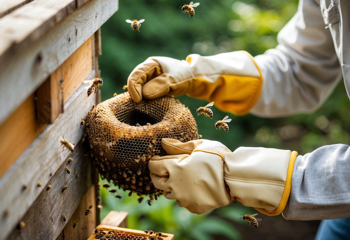 A person wearing protective gloves inspecting a honey bee nest attached to a wooden structure outdoors with bees flying around.