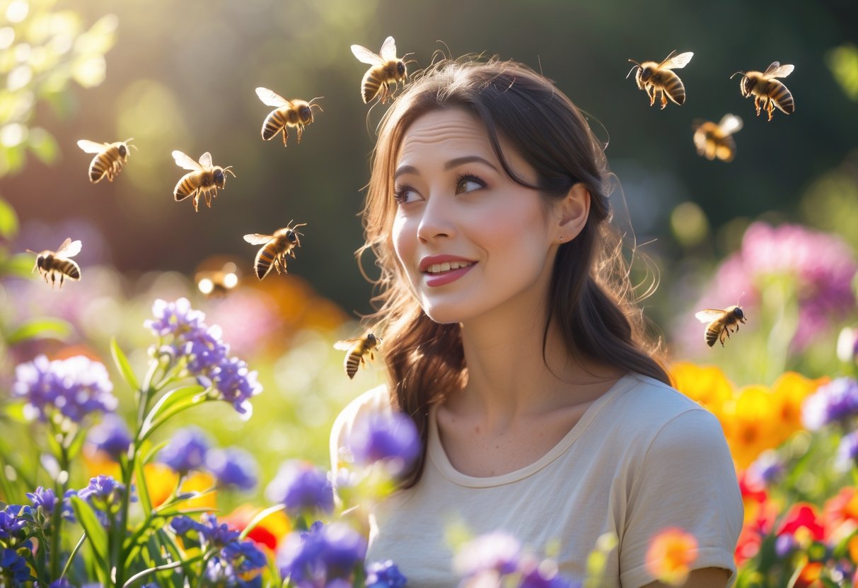 A young woman in a garden with colorful flowers, bees flying around her.
