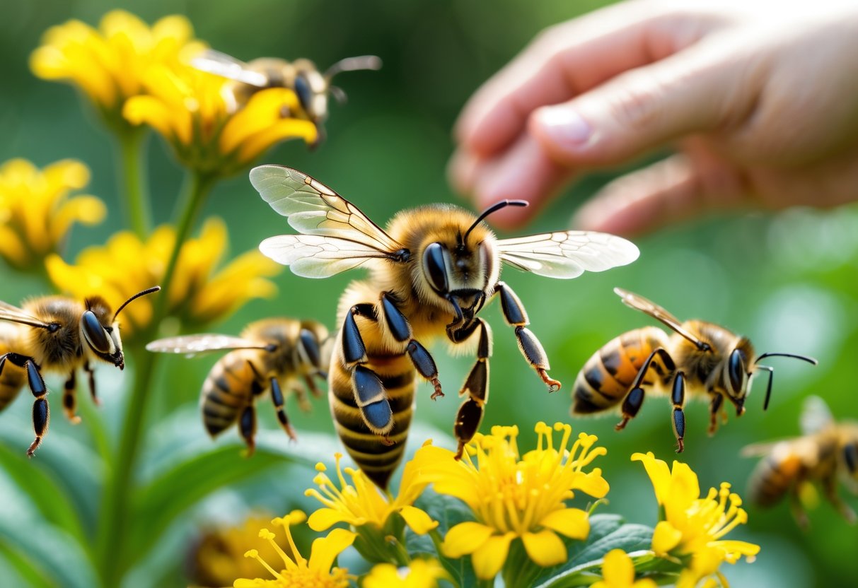 Close-up of bees near yellow flowers with one bee in flight and others appearing agitated as a hand reaches toward them.