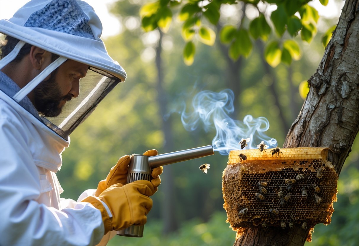 A beekeeper in protective clothing inspecting a honey bee nest on a tree branch in a forest.
