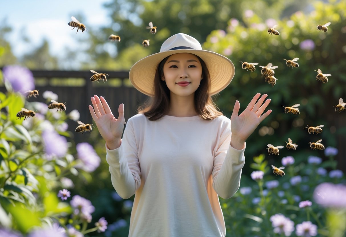 A person outdoors in a garden calmly holding their hands up while bees fly nearby around flowers.