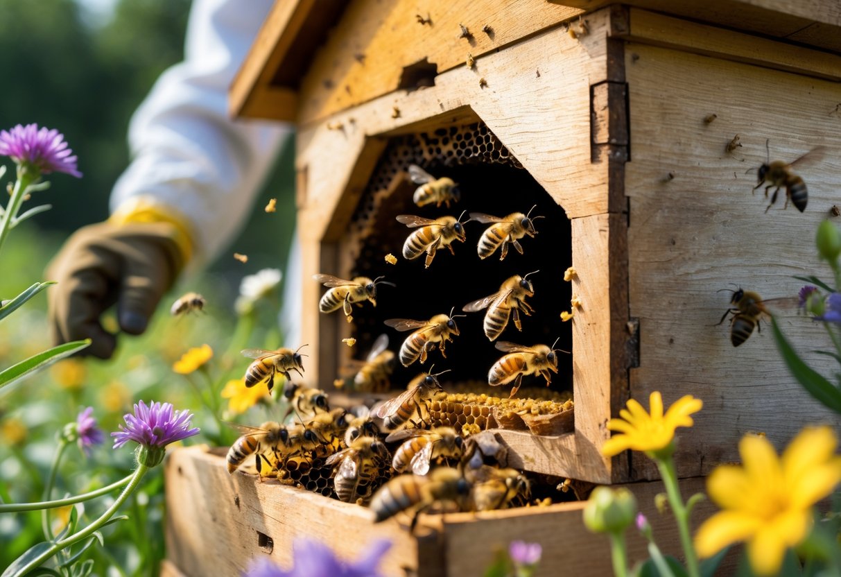 Close-up of bees flying around a hive with a beekeeper's gloved hand nearby in a garden.
