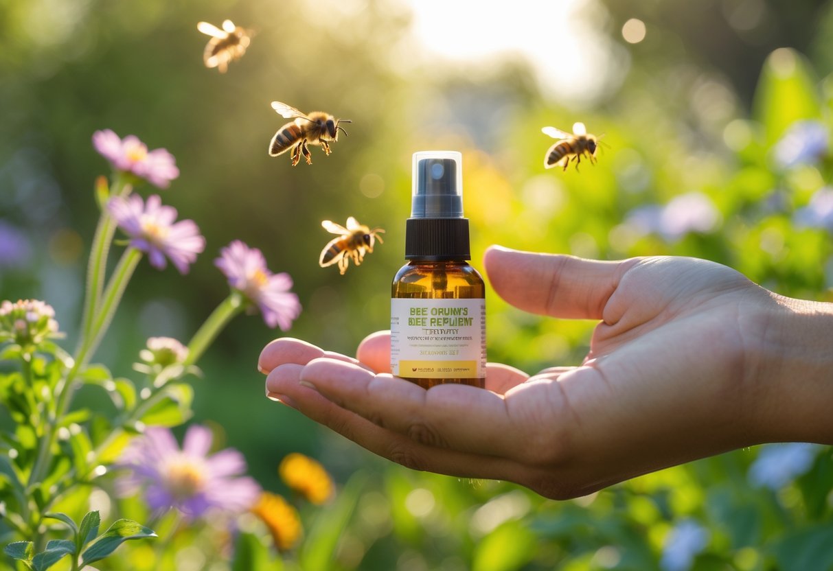 A hand holding a small jar of natural bee repellent spray near flowers with bees flying nearby.