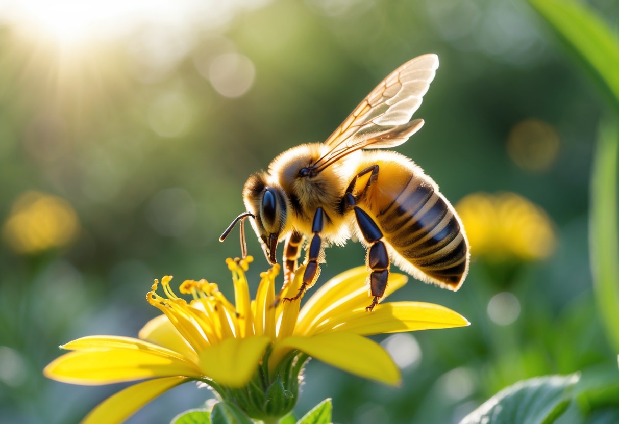 A honeybee hovering near a yellow flower in a garden with green foliage in the background.