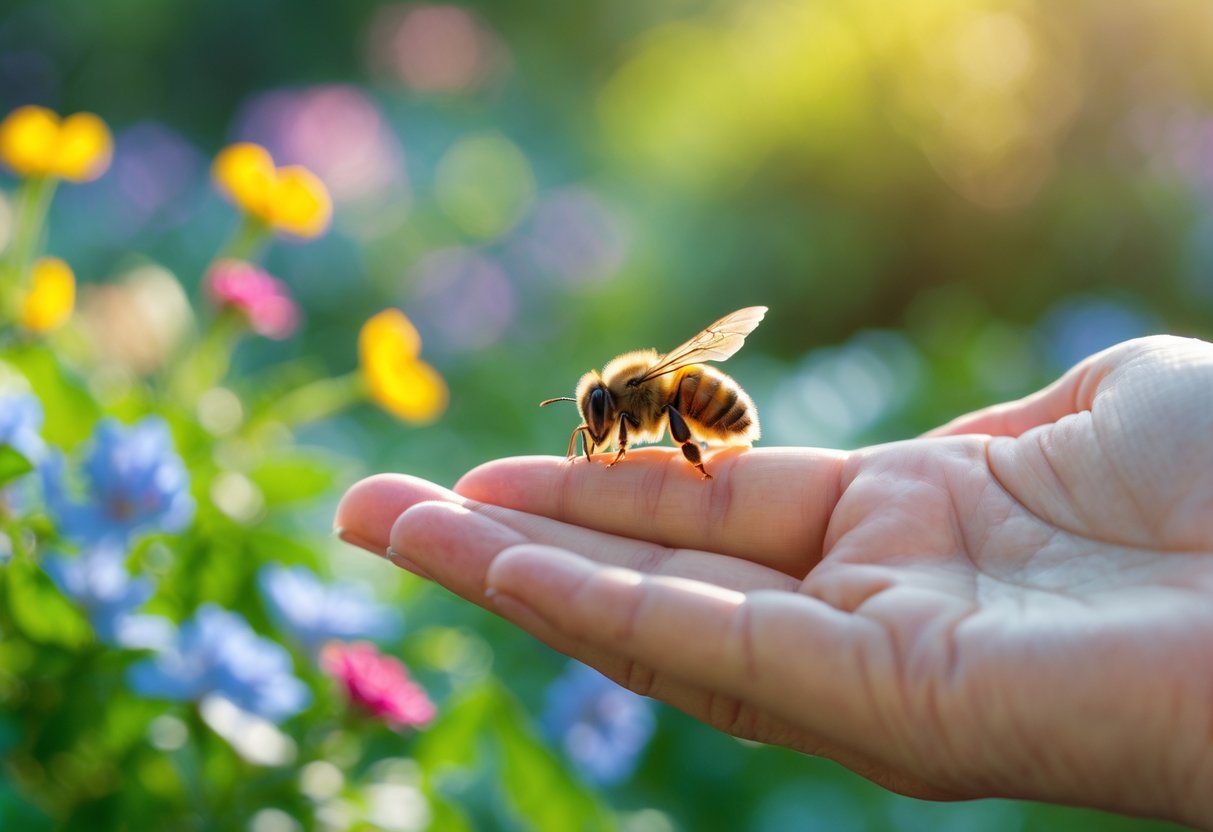 A close-up of a bee resting on a person's finger in a garden with flowers and greenery in the background.