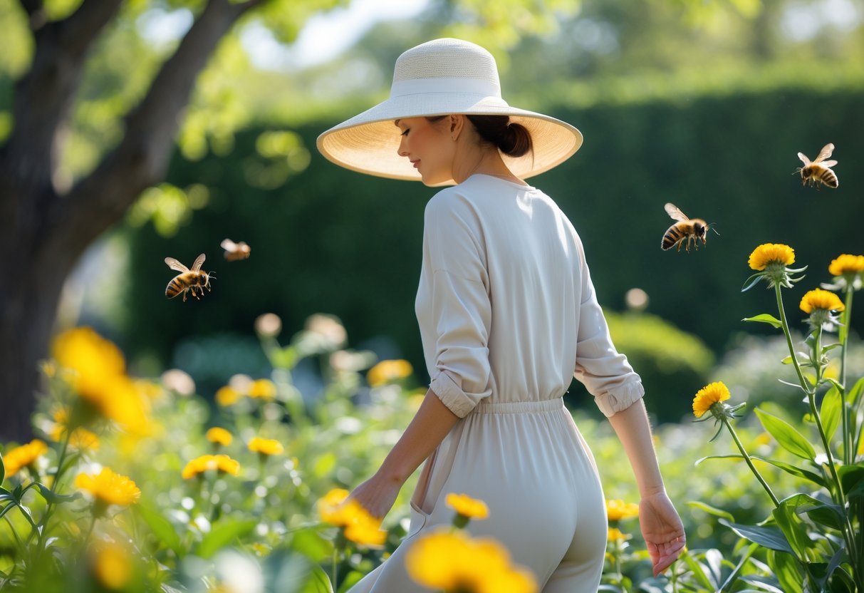 A woman wearing a wide-brimmed hat walking carefully near flowers with a bee hovering close by in a sunny garden.