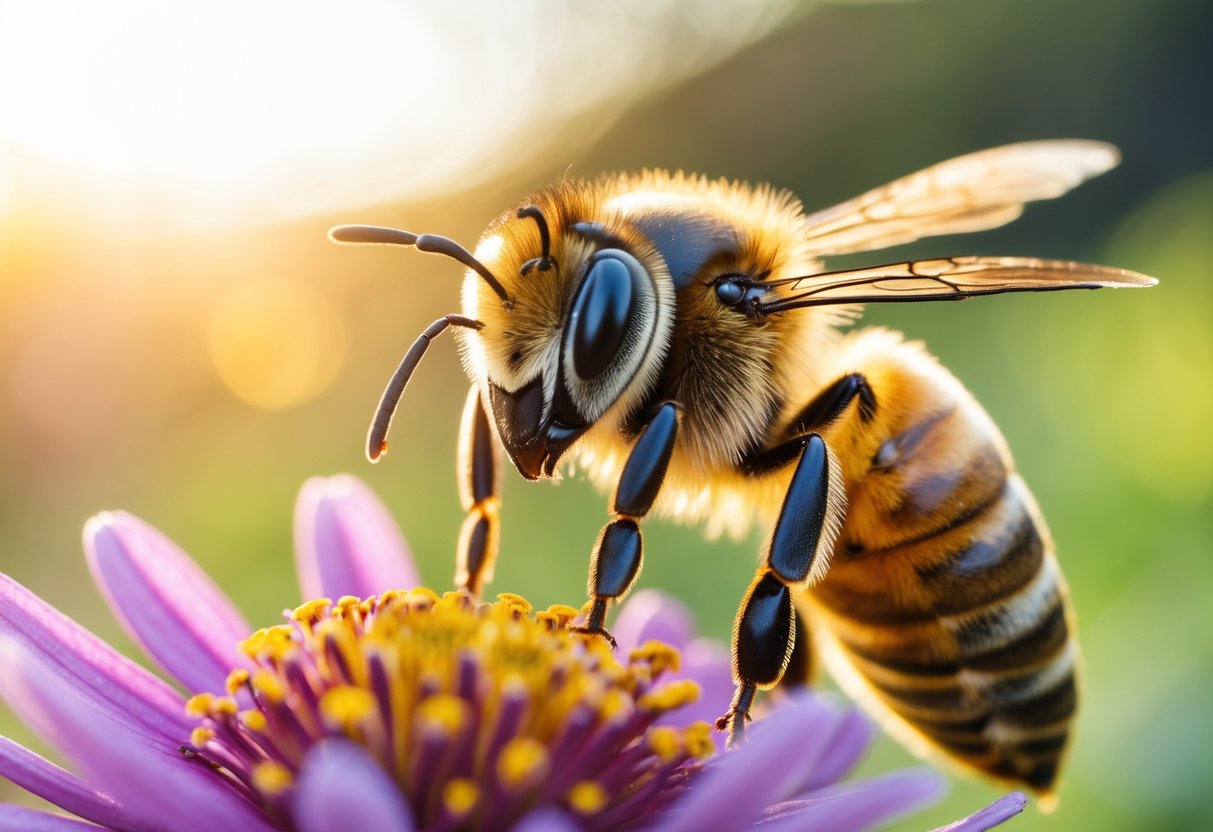 A close-up of a honeybee on a colorful flower with its face clearly visible.