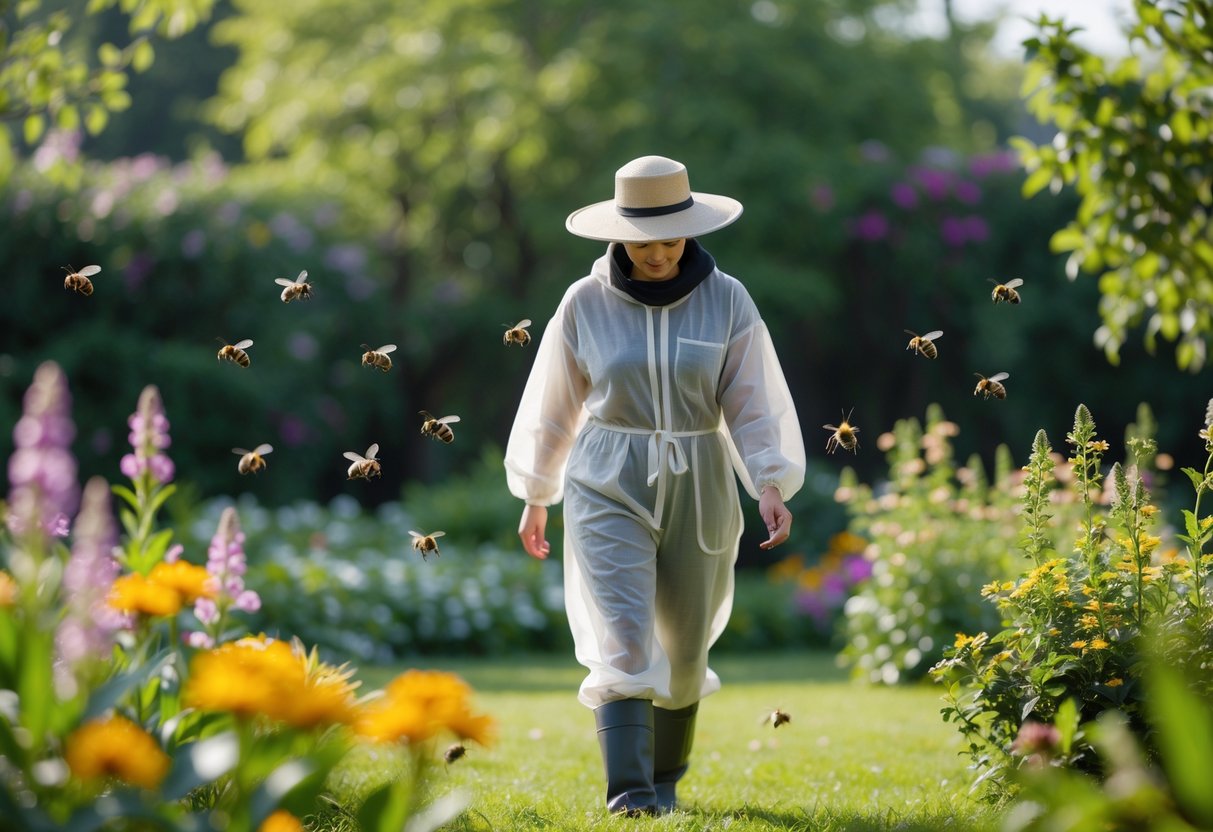 A person wearing protective clothing walking calmly near flowers with bees flying nearby in a garden.