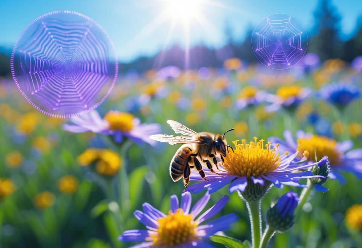 A honeybee on a flower in a colorful meadow with faint ultraviolet patterns visible on the petals.