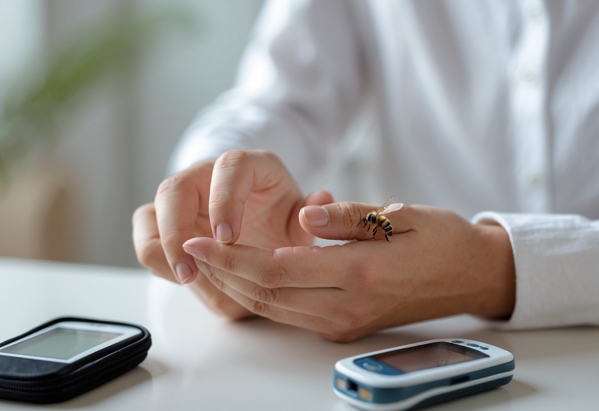 A close-up of a person's hand with a bee sting being gently touched, with a glucose meter and first aid kit nearby.