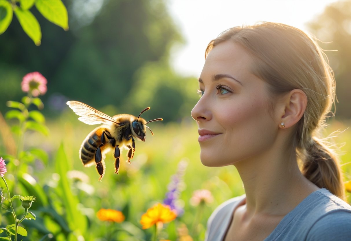 A person outdoors in a garden with a bee hovering close to their face.