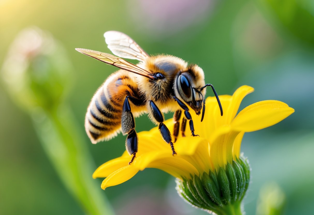 A close-up of a honeybee resting on a yellow flower petal with a blurred green background.