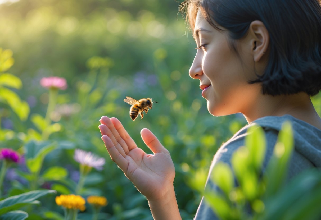 A person outdoors in a garden calmly observing a bee hovering near their hand.