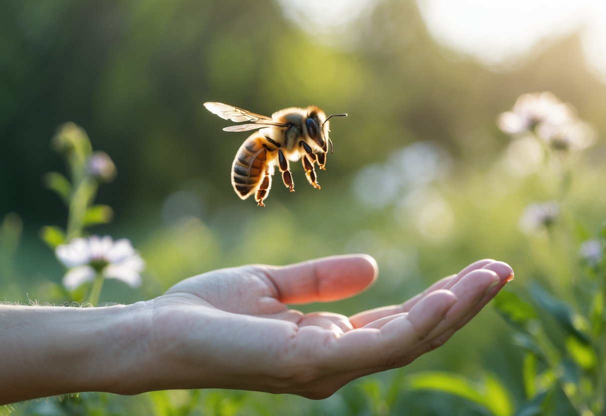 A honeybee hovering near a slightly tense human hand outdoors with green plants in the background.