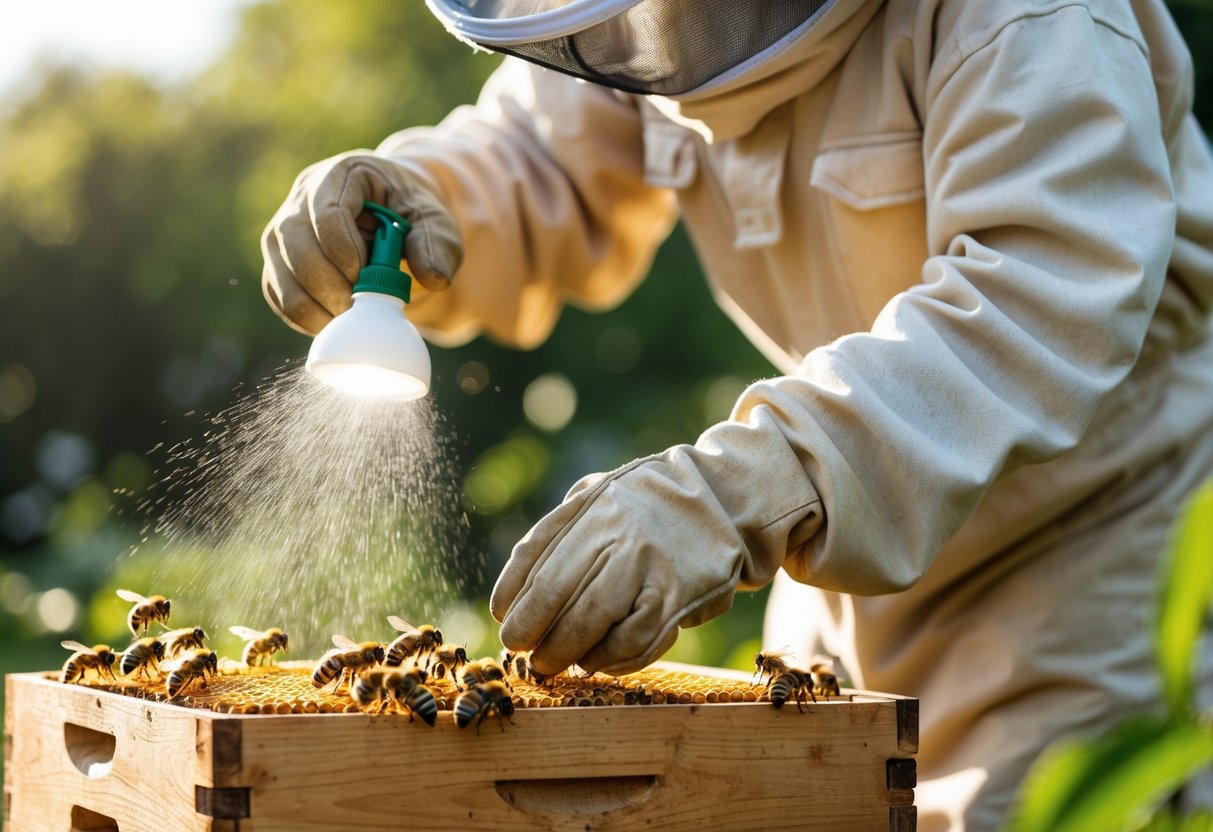 A beekeeper sprays sugar water onto honeybees on a wooden hive frame outdoors.