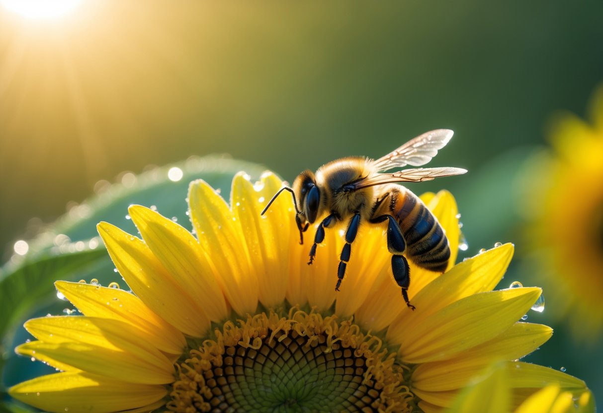 A honeybee sitting on a bright yellow sunflower with a blurred green background.