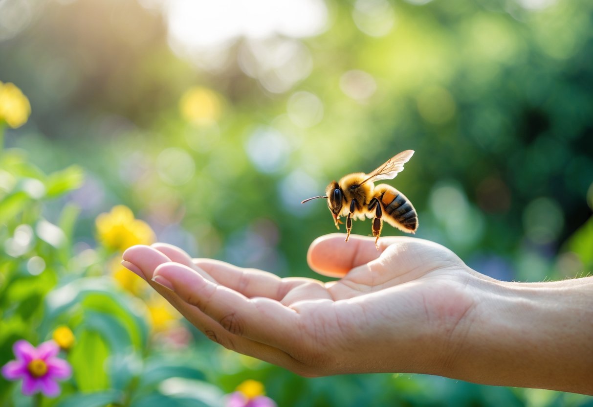 A close-up of a person’s hand with a bee hovering just above the fingertips in a garden with green plants and flowers.