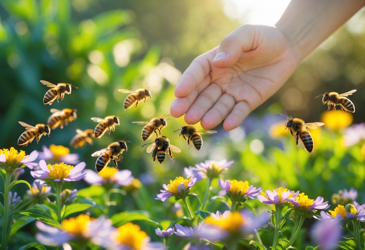 A close-up of bees flying around blooming flowers with a person's hand nearby in a garden.
