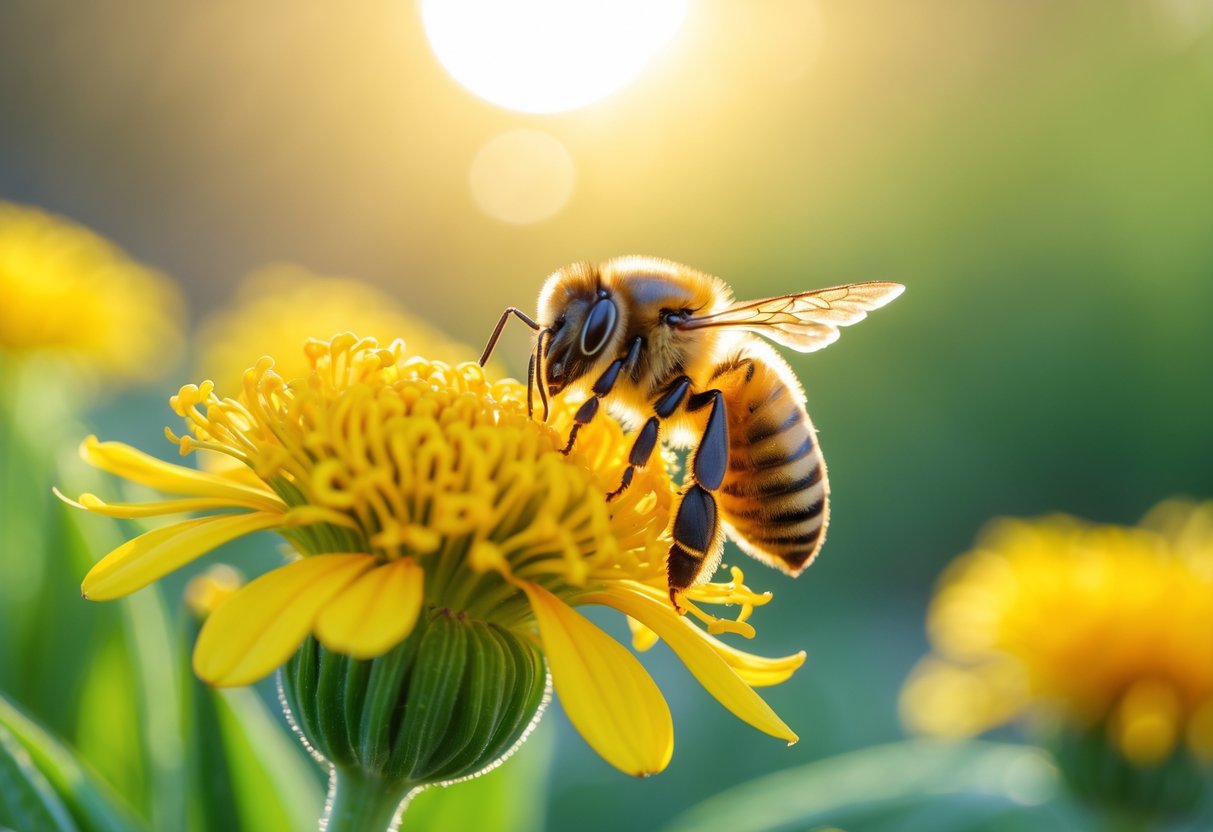 A honeybee sitting on a bright yellow flower with green foliage in the background.