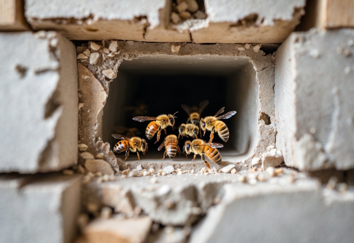 Close-up view of a small cluster of honeybees trapped inside a cavity within a broken wall.