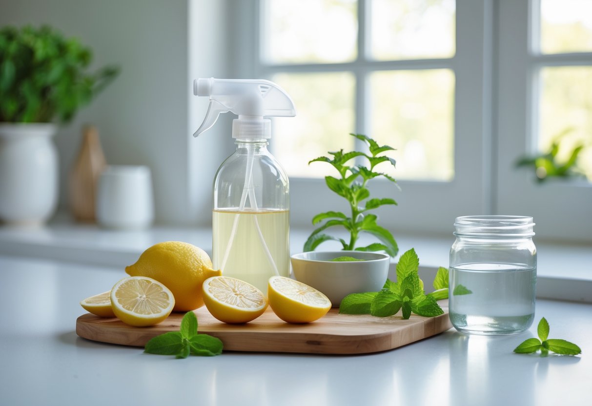 A kitchen countertop with a glass spray bottle, lemon slices, vinegar, mint, and water arranged neatly.