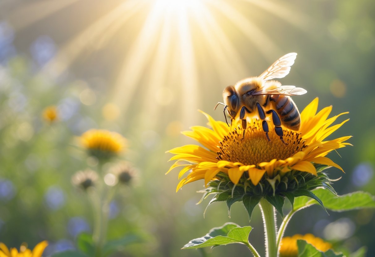 A close-up of a bee resting on a bright sunflower with sunlight filtering through a background of wildflowers and greenery.