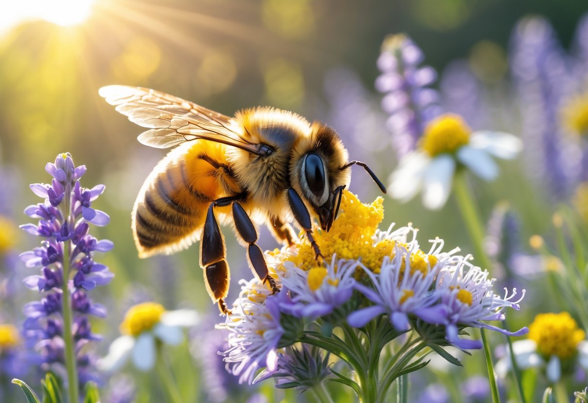 A honeybee collecting nectar from colorful wildflowers in a sunlit meadow.
