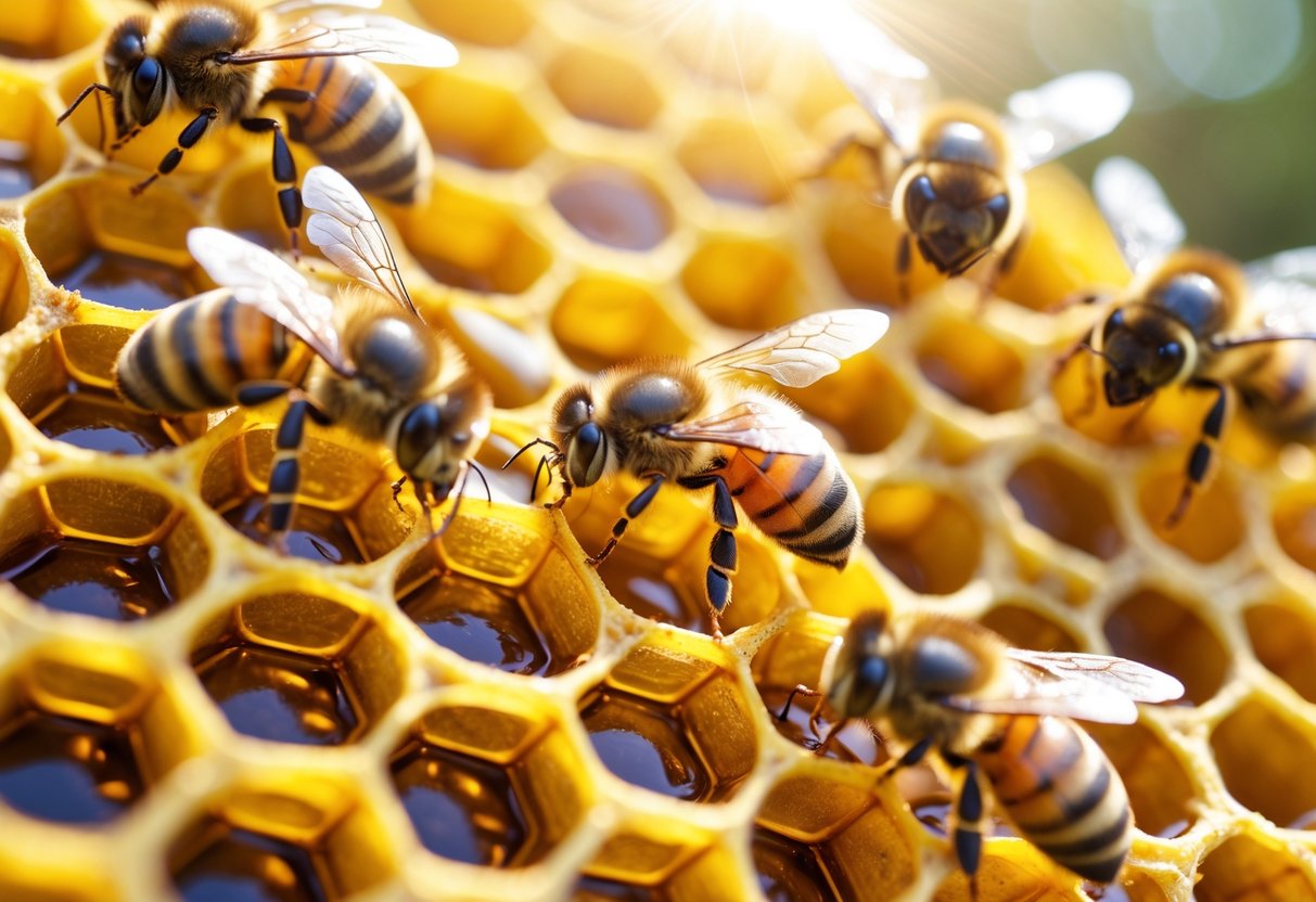 Close-up of bees working together on a honeycomb filled with honey.