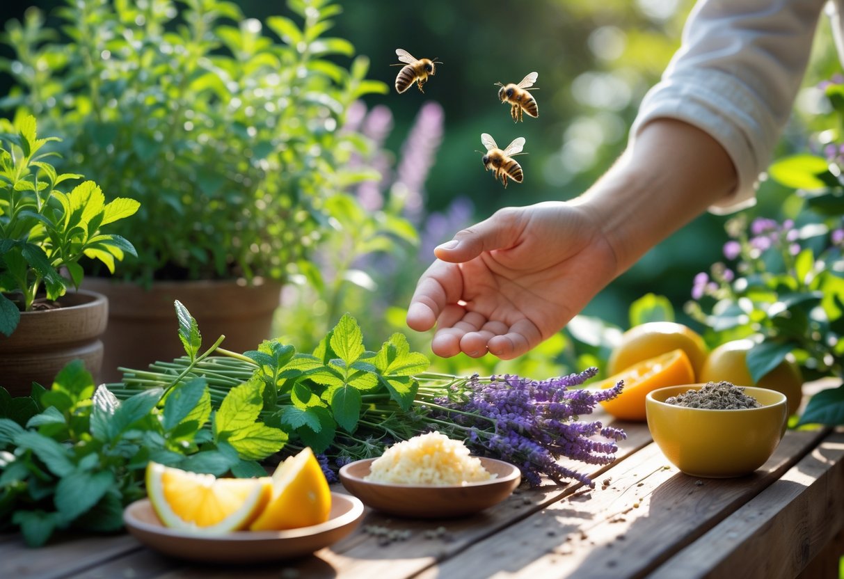 A person placing natural bee-repellent items like mint, lavender, garlic, and citrus peels on a wooden table outdoors with bees flying nearby.