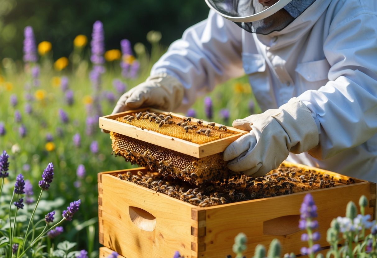 A beekeeper holding a honeycomb frame with bees, surrounded by flowering plants in a garden.
