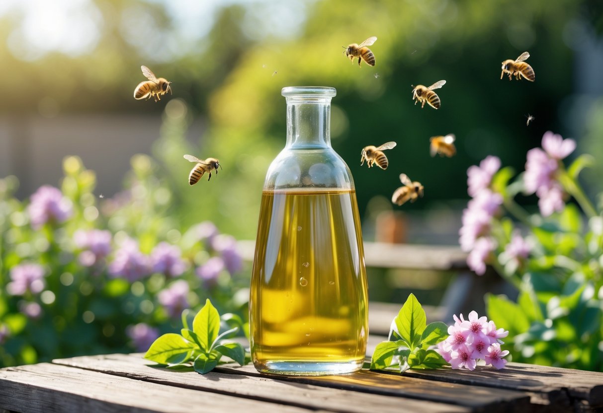 A glass bottle of vinegar on a wooden table outdoors with flowers and honeybees flying nearby.