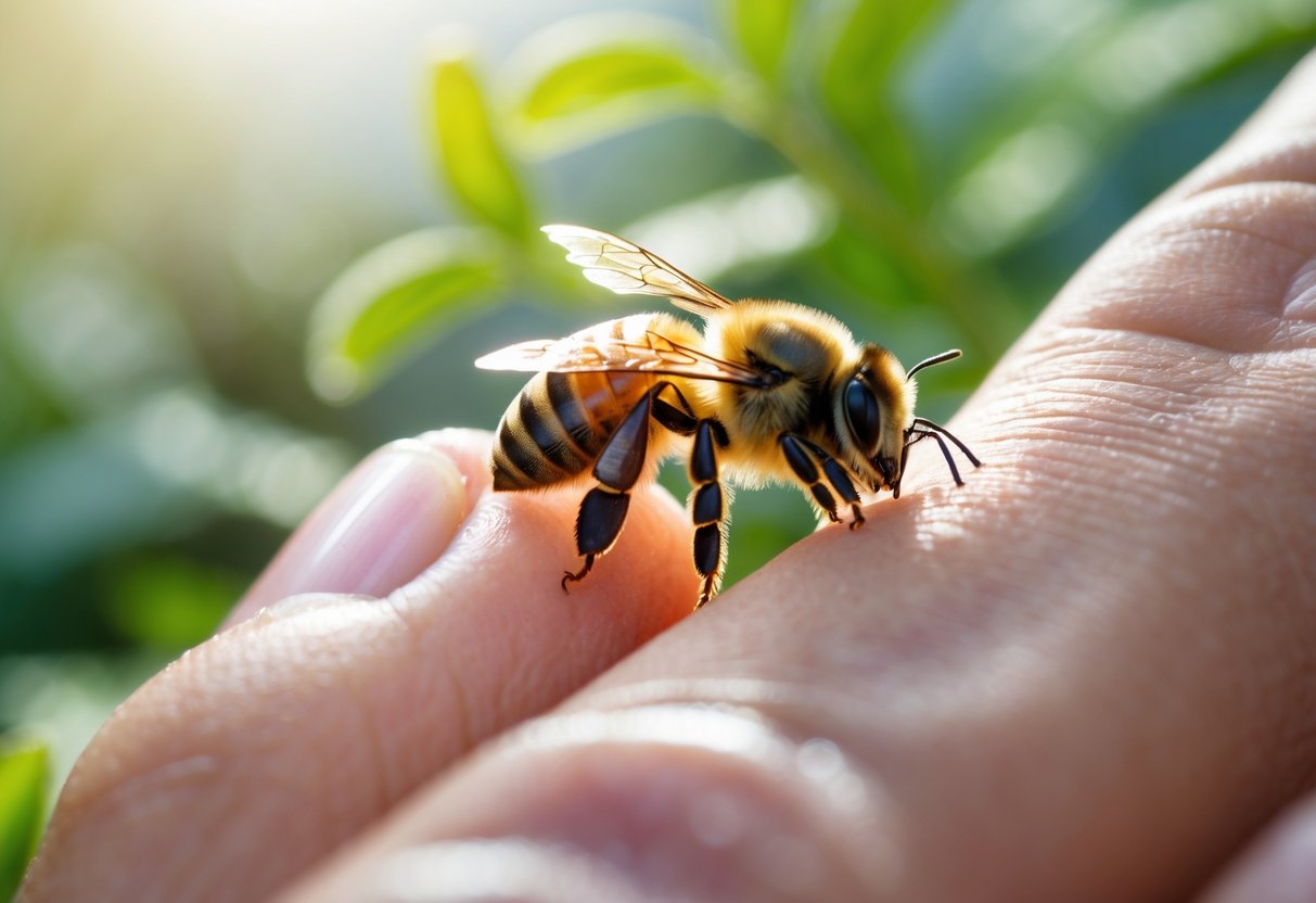 A close-up of a person's hand touching a honeybee resting on their fingertip against a blurred green background.