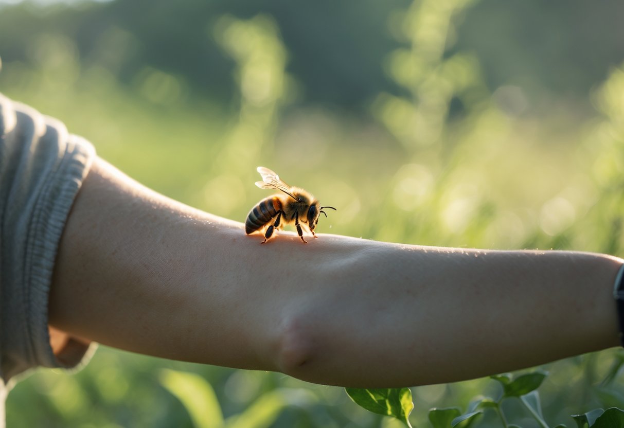 A person outdoors with a bee resting on their arm while they stay still.