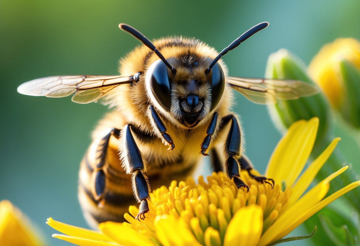 A close-up of a honeybee sitting on a yellow flower, appearing to look toward the camera.
