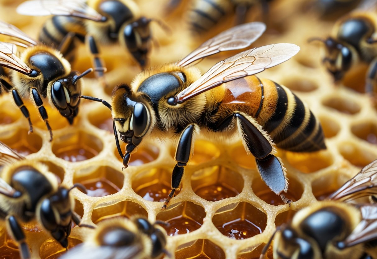 A queen bee sitting on a honeycomb surrounded by smaller worker bees.