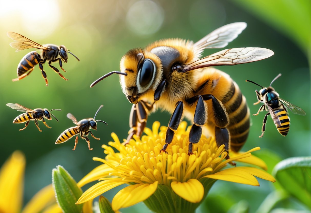 Close-up of a honeybee on a yellow flower with similar insects like a hoverfly and wasp nearby on green foliage.